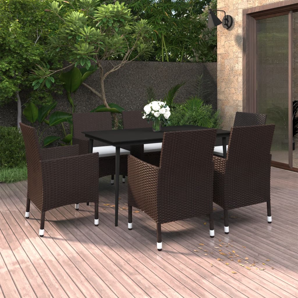 7-Tlg. Garten-Essgruppe Mit Auflagen Poly Rattan Und Glas