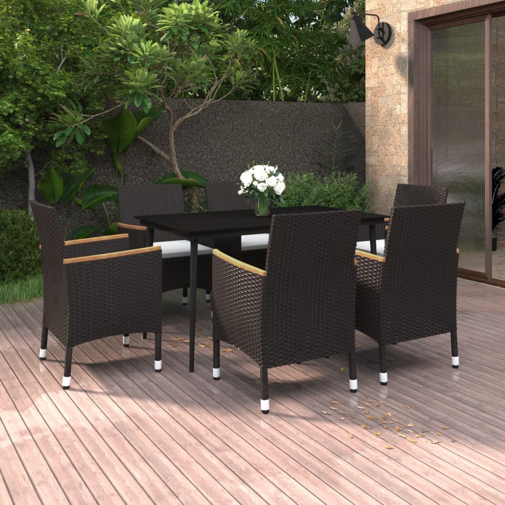 7-Tlg. Garten-Essgruppe Mit Kissen Poly Rattan Und Glas