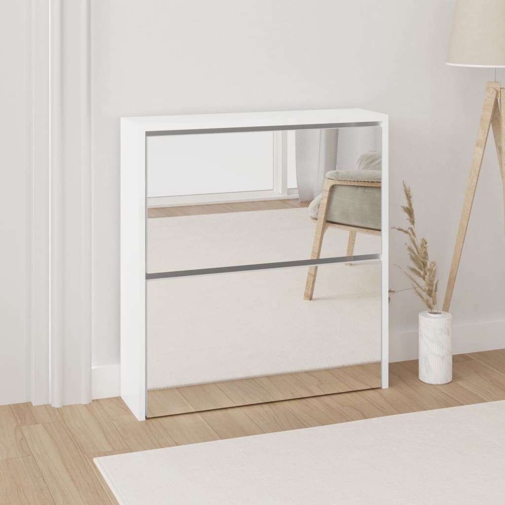 Schuhschrank Mit Spiegel 2 Fächer 63X17X Hochglanz-Weiß