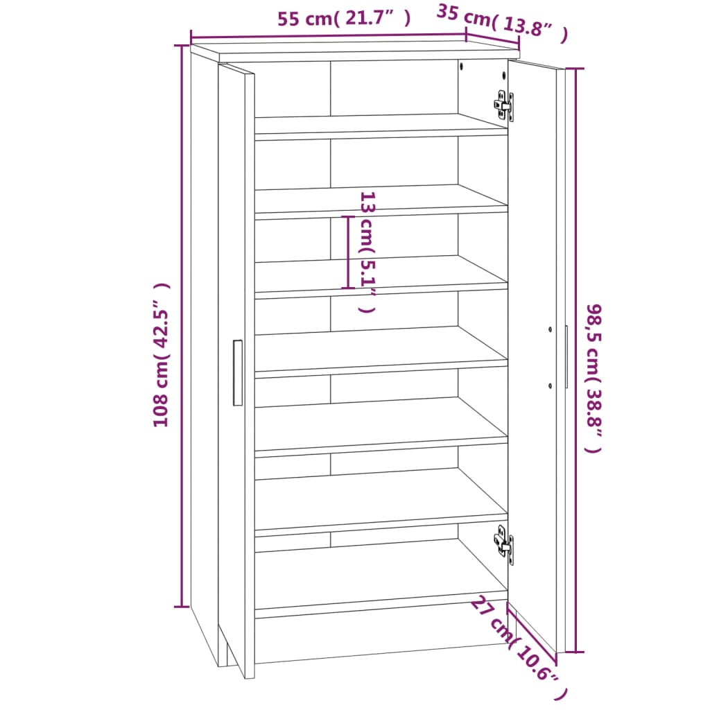 Schuhschrank 55X35X108 Cm Holzwerkstoff Hochglanz-Weiß