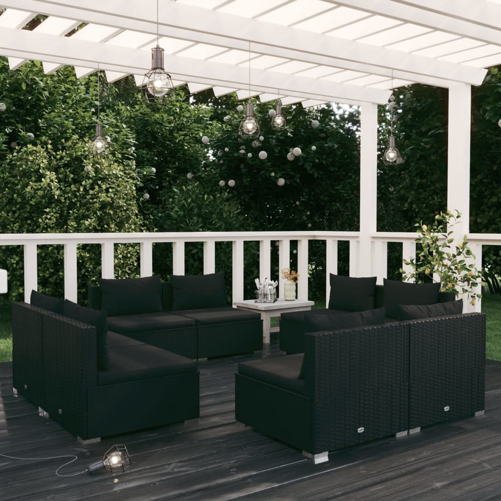 9-Tlg. Garten-Lounge-Set Mit Kissen Poly Rattan Schwarz
