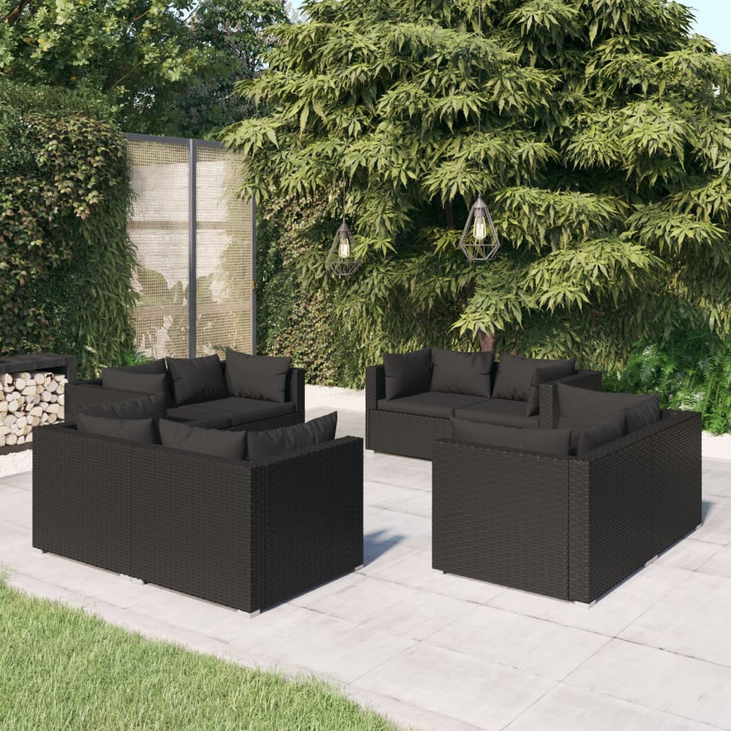 9-Tlg. Garten-Lounge-Set Mit Kissen Poly Rattan Schwarz