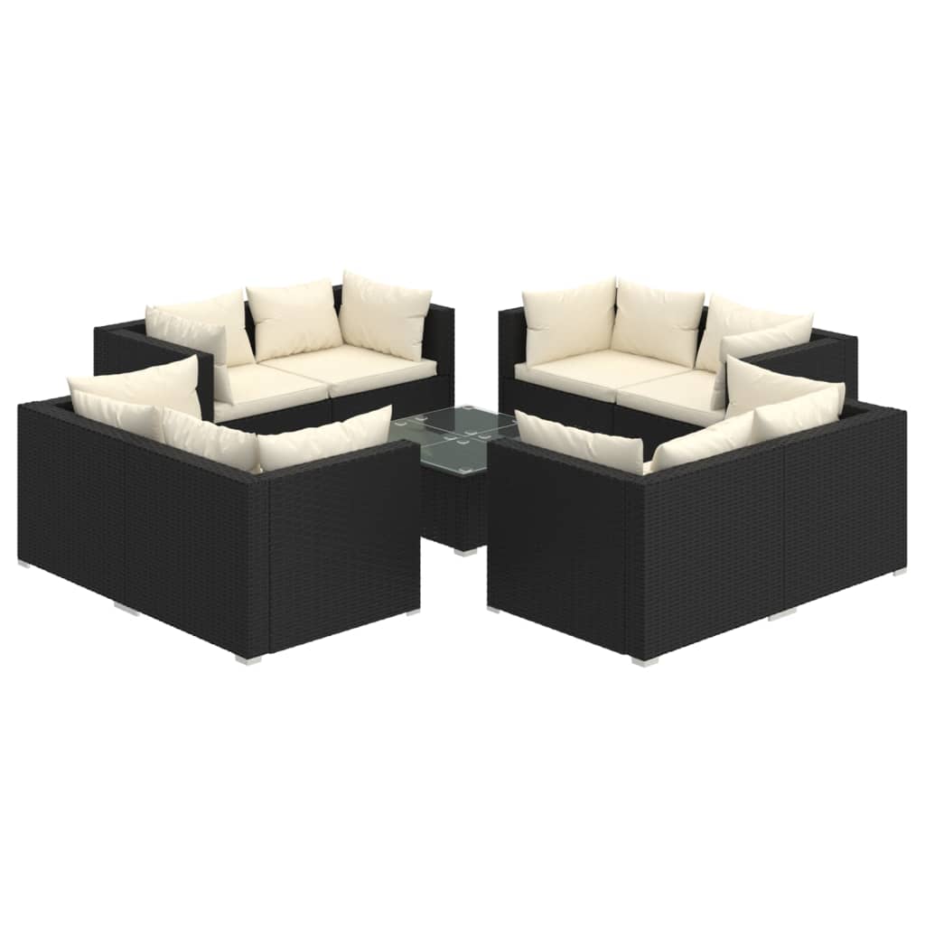 9-Tlg. Garten-Lounge-Set Mit Kissen Poly Rattan Schwarz
