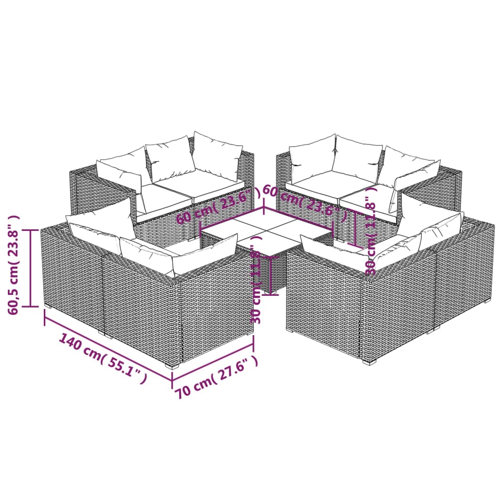9-Tlg. Garten-Lounge-Set Mit Kissen Poly Rattan Schwarz
