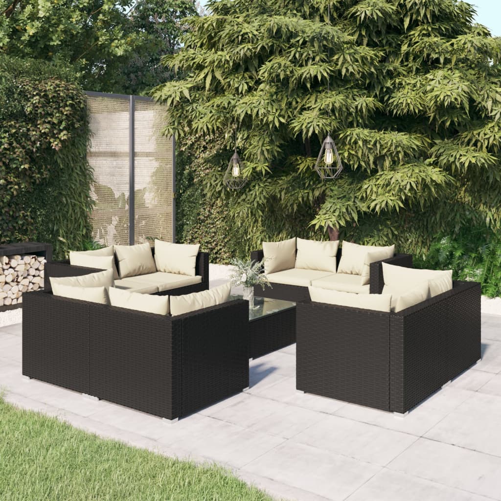 9-Tlg. Garten-Lounge-Set Mit Kissen Poly Rattan Schwarz