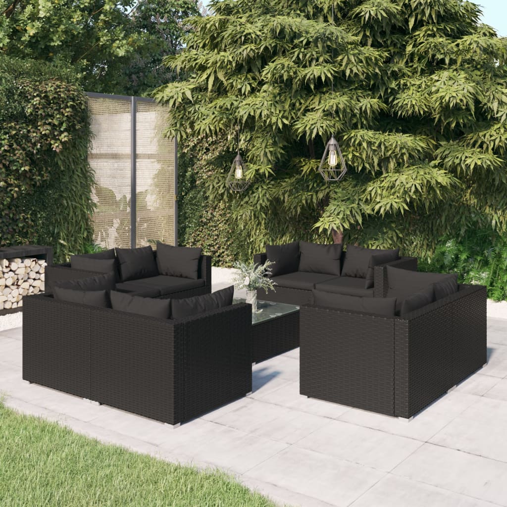 9-Tlg. Garten-Lounge-Set Mit Kissen Poly Rattan Schwarz