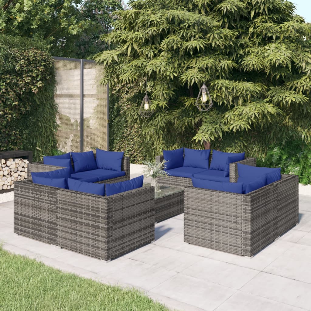 9-Tlg. Garten-Lounge-Set Mit Kissen Poly Rattan Schwarz