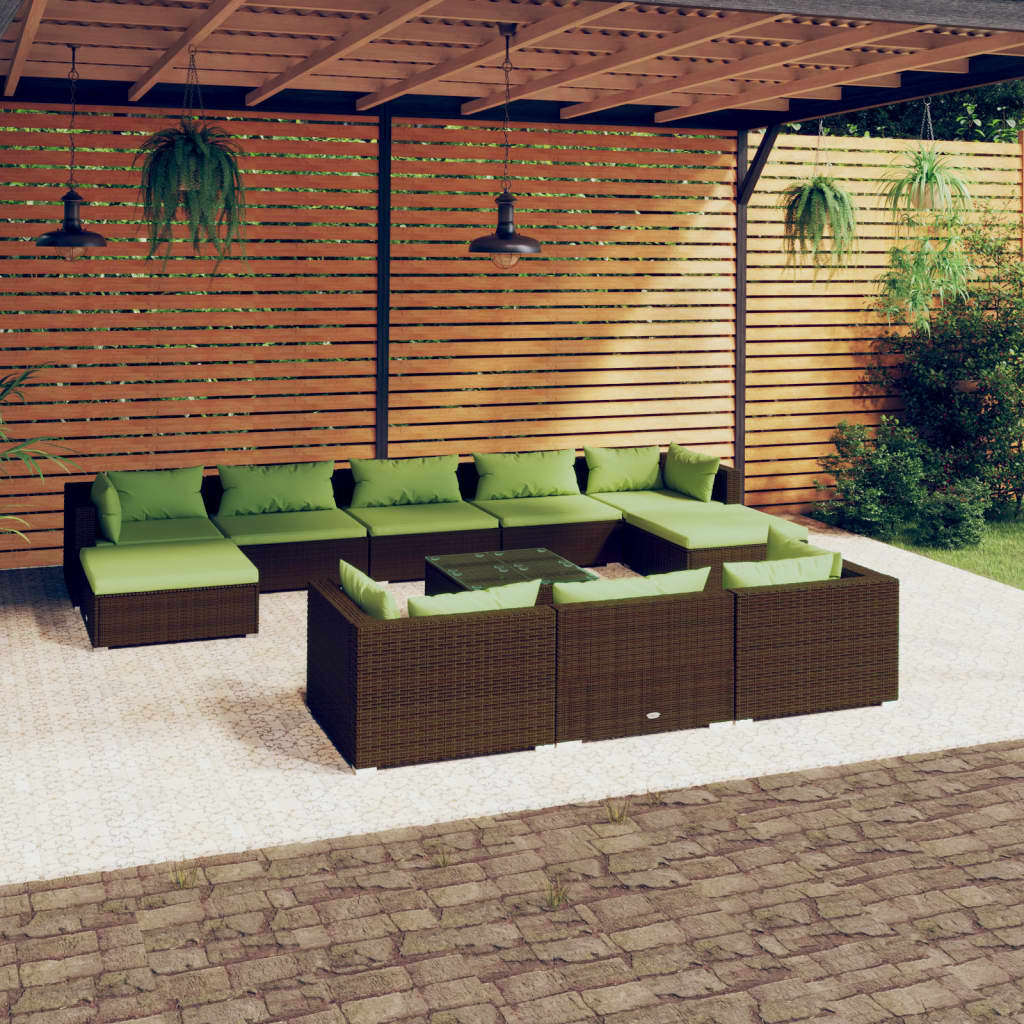 10-Tlg. Garten-Lounge-Set Mit Kissen Braun Poly Rattan