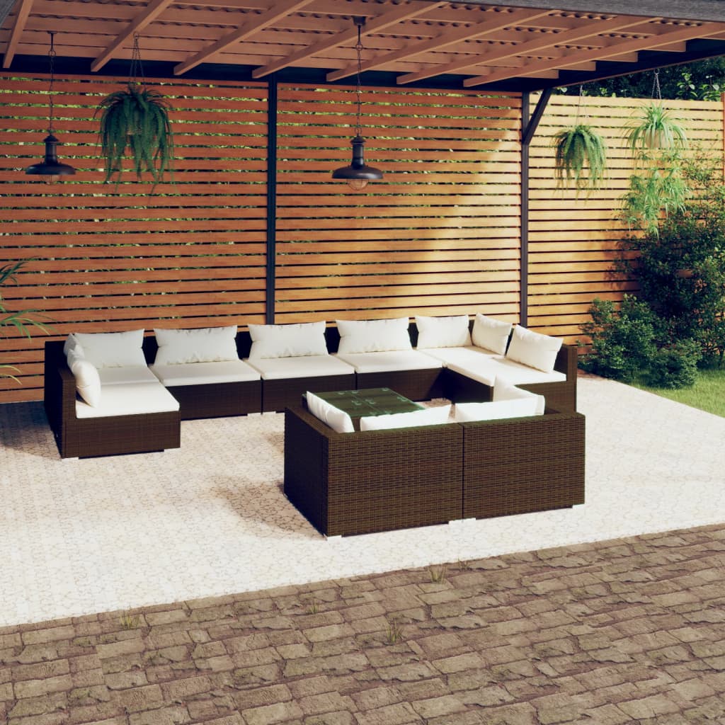 10-Tlg. Garten-Lounge-Set Mit Kissen Braun Poly Rattan