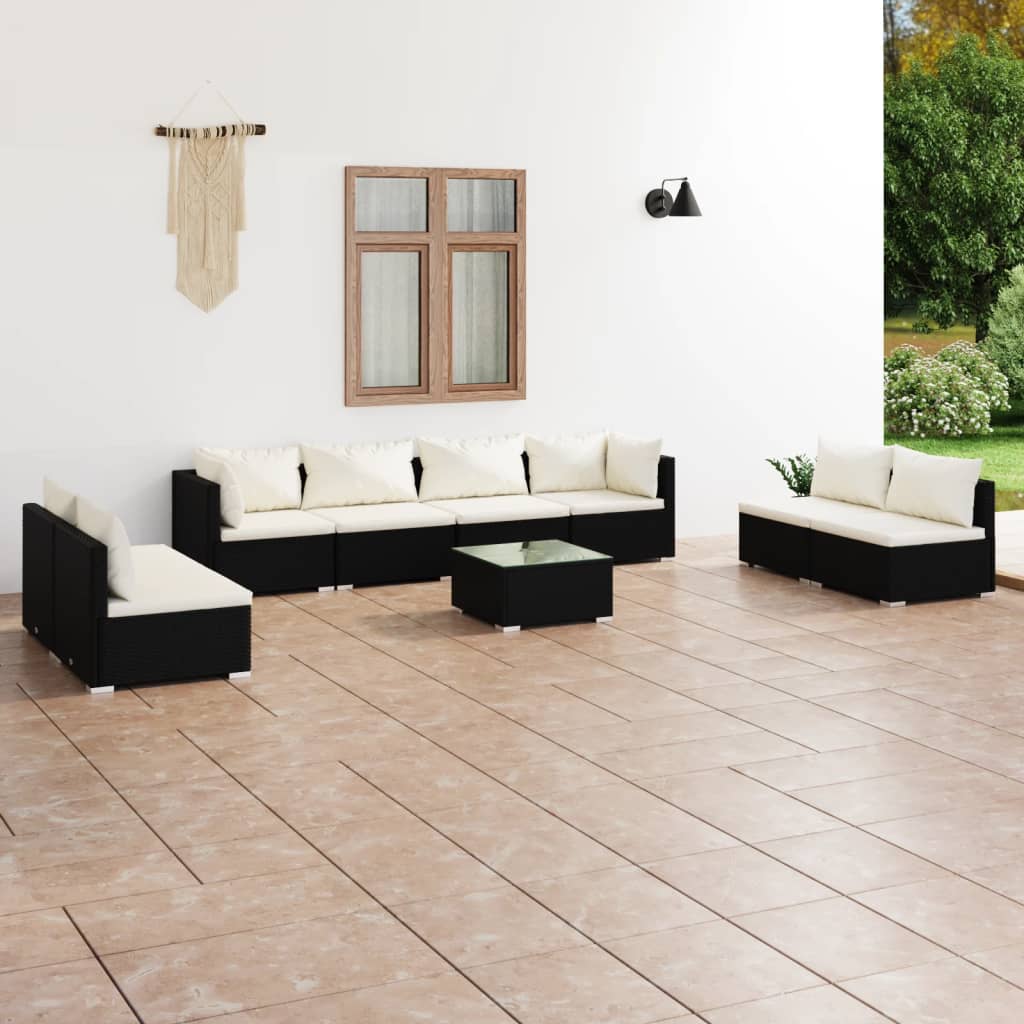 9-Tlg. Garten-Lounge-Set Mit Kissen Poly Rattan Schwarz
