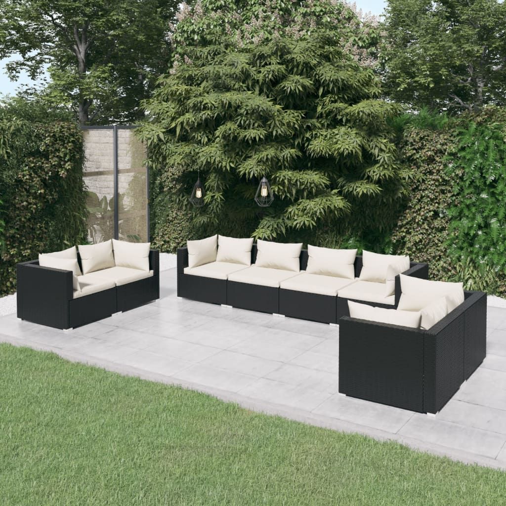 9-Tlg. Garten-Lounge-Set Mit Kissen Poly Rattan Schwarz