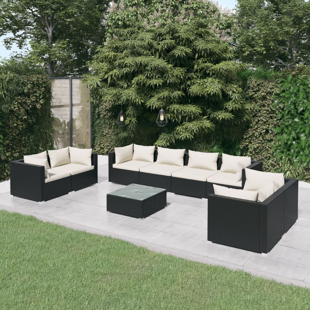 9-Tlg. Garten-Lounge-Set Mit Kissen Poly Rattan Schwarz