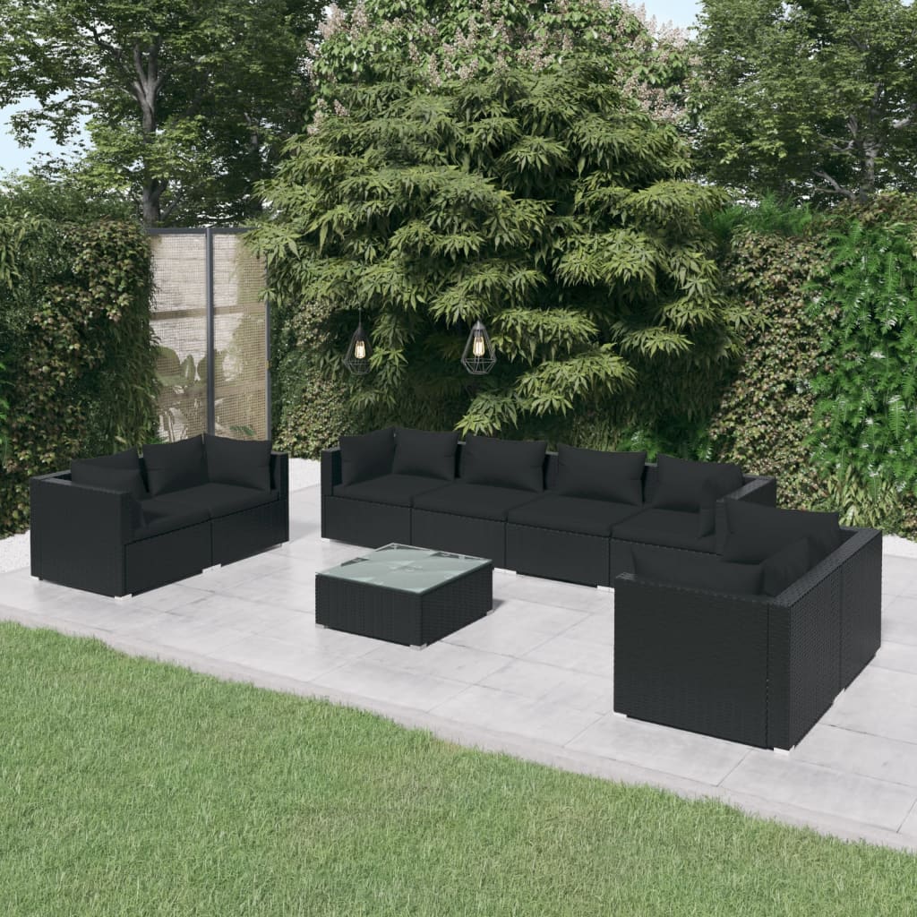 9-Tlg. Garten-Lounge-Set Mit Kissen Poly Rattan Schwarz