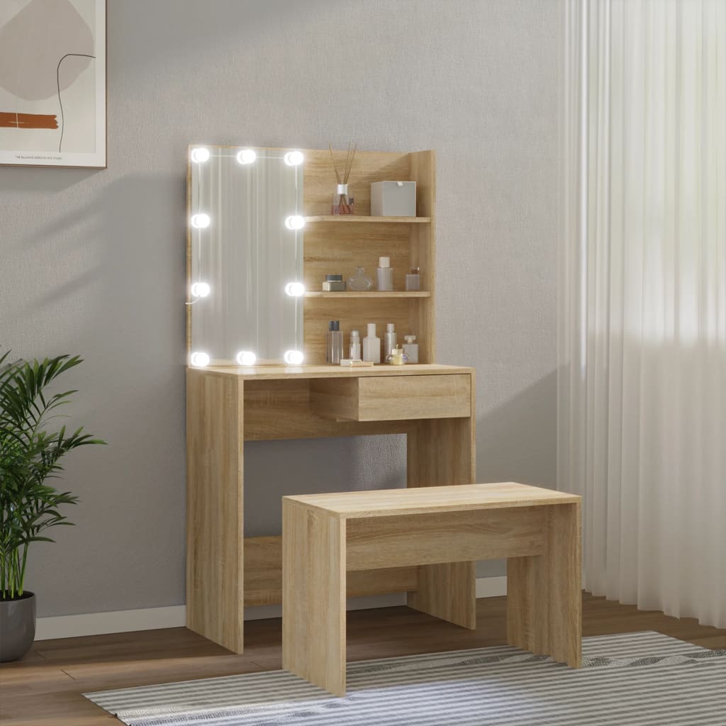 Schminktisch-Set Mit Led Sonoma-Eiche Holzwerkstoff