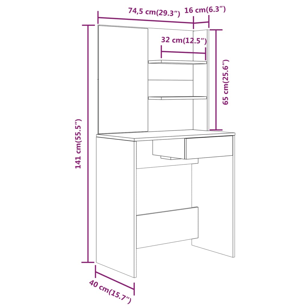 Schminktisch-Set Sonoma-Eiche 74,5X40X141 Cm