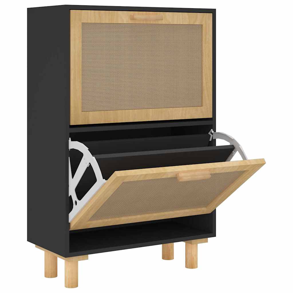 Schuhschrank 52X25X Holzwerkstoff & Rattan Natur Schwarz