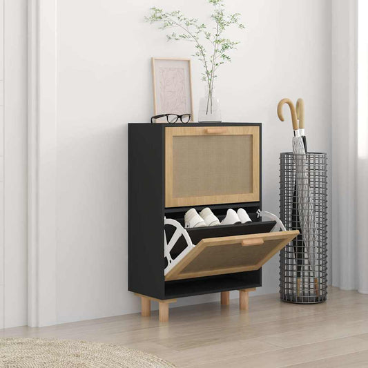Schuhschrank 52X25X Holzwerkstoff & Rattan Natur Schwarz