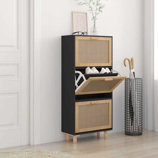 Schuhschrank 52X25X Holzwerkstoff & Rattan Natur Schwarz
