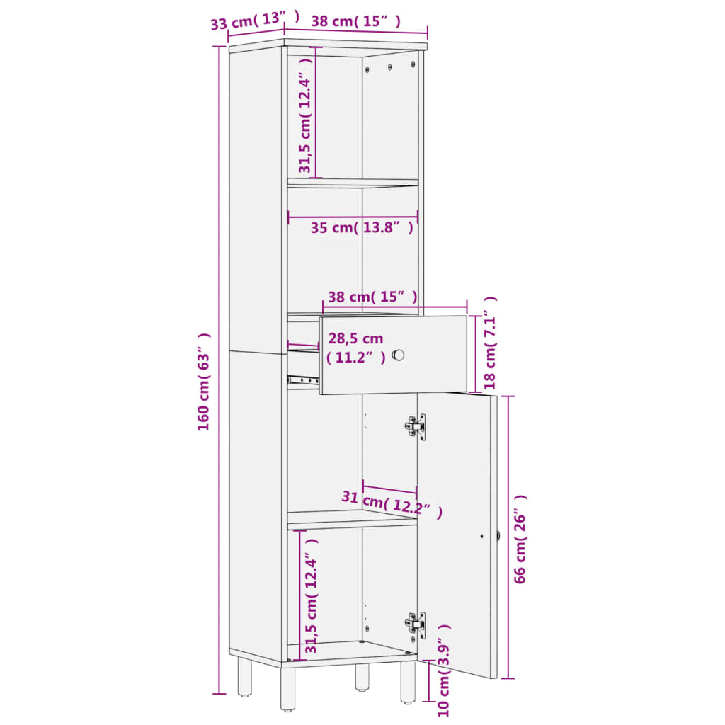 Badschrank 38X33X160 Cm Massivholz Mango