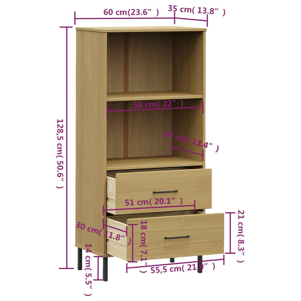 Bücherregal Oslo 2 Schubladen 60X35X128,5 Cm Massivholz