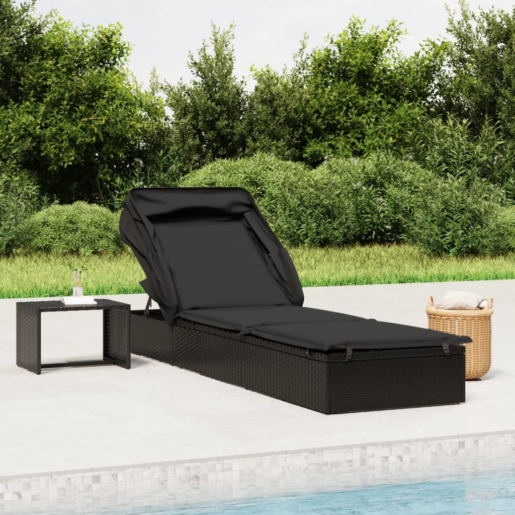 Sonnenliege Mit Faltdach Schwarz 213X63X97 Cm Poly Rattan