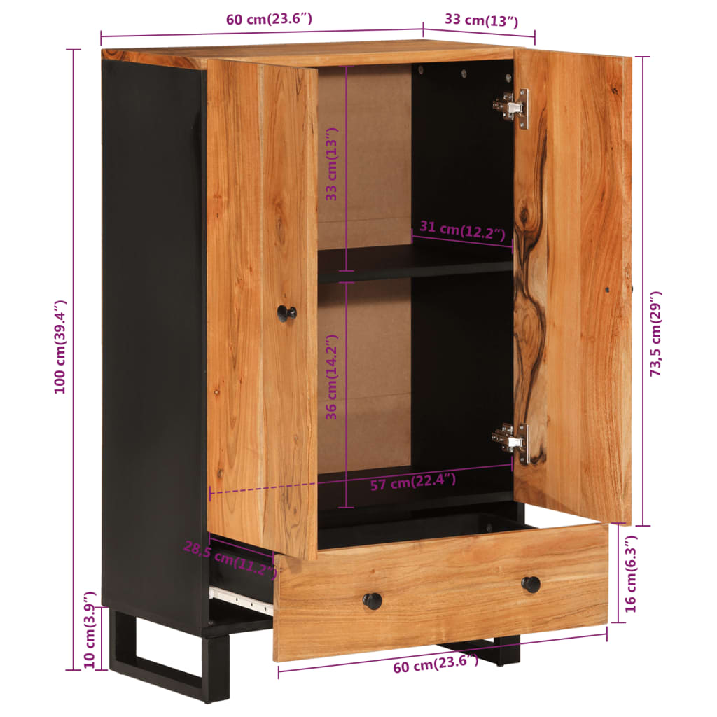 Highboard Mit Schublade 60X33X100 Cm Massivholz Akazie & Eisen