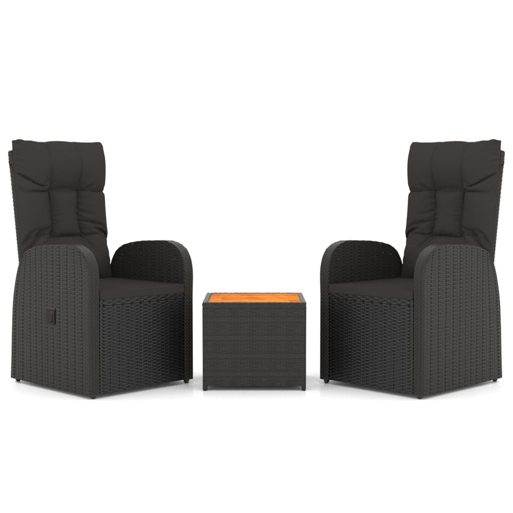 3-Tlg. Garten-Lounge-Set Schwarz Poly Rattan Massivholz Akazie