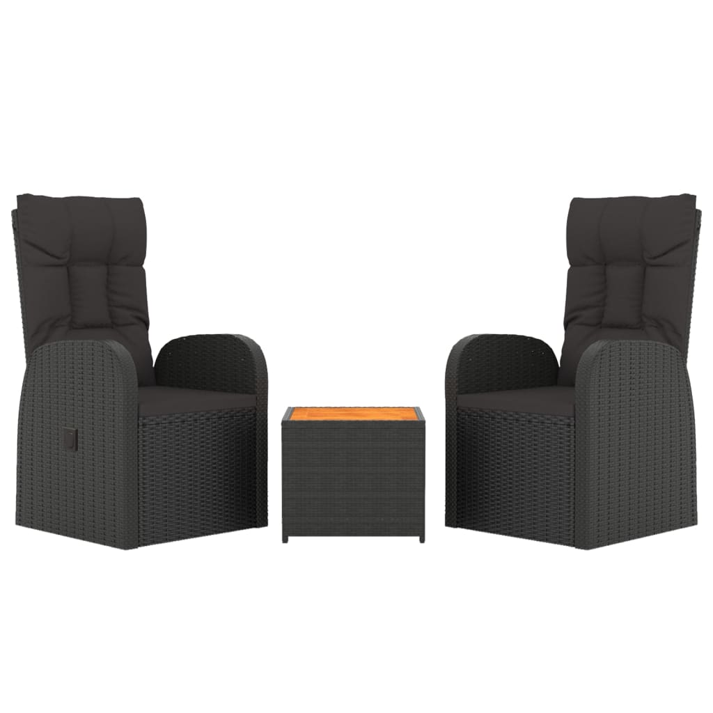 3-Tlg. Garten-Lounge-Set Schwarz Poly Rattan Massivholz Akazie