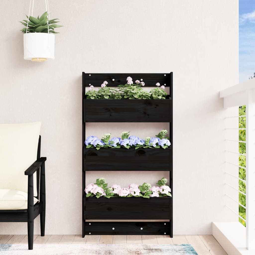 Wand-Pflanzkübel 3 Fächer 60X18,5X110 Cm Schwarz Kiefernholz