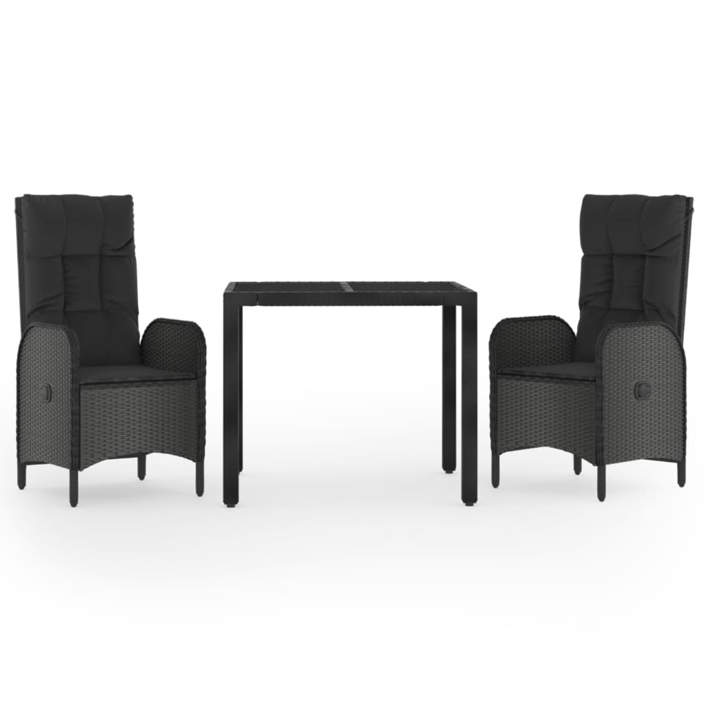 3-Tlg. Garten-Essgruppe Mit Kissen Schwarz Poly Rattan