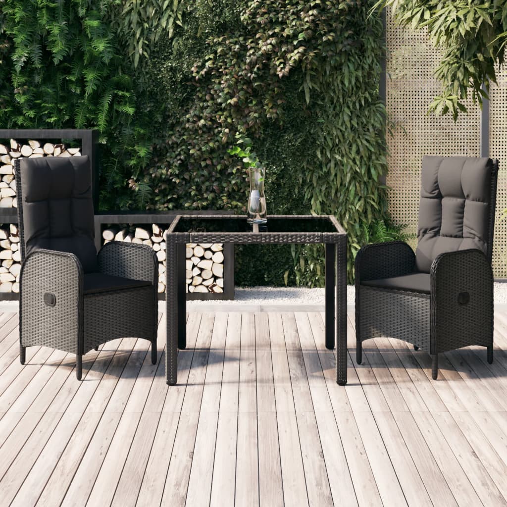 3-Tlg. Garten-Essgruppe Mit Kissen Schwarz Poly Rattan
