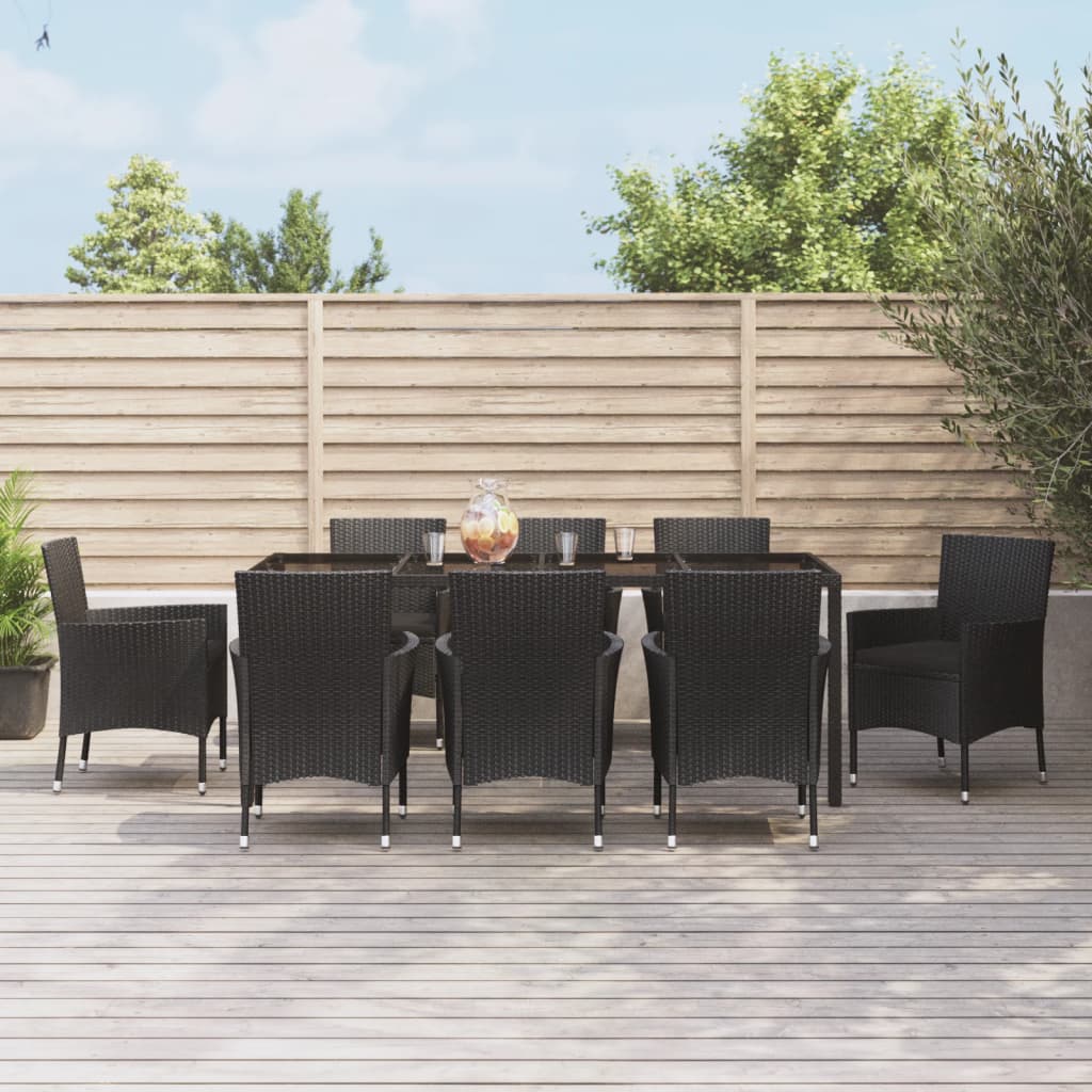 9-Tlg. Garten-Essgruppe Mit Kissen Schwarz Poly Rattan