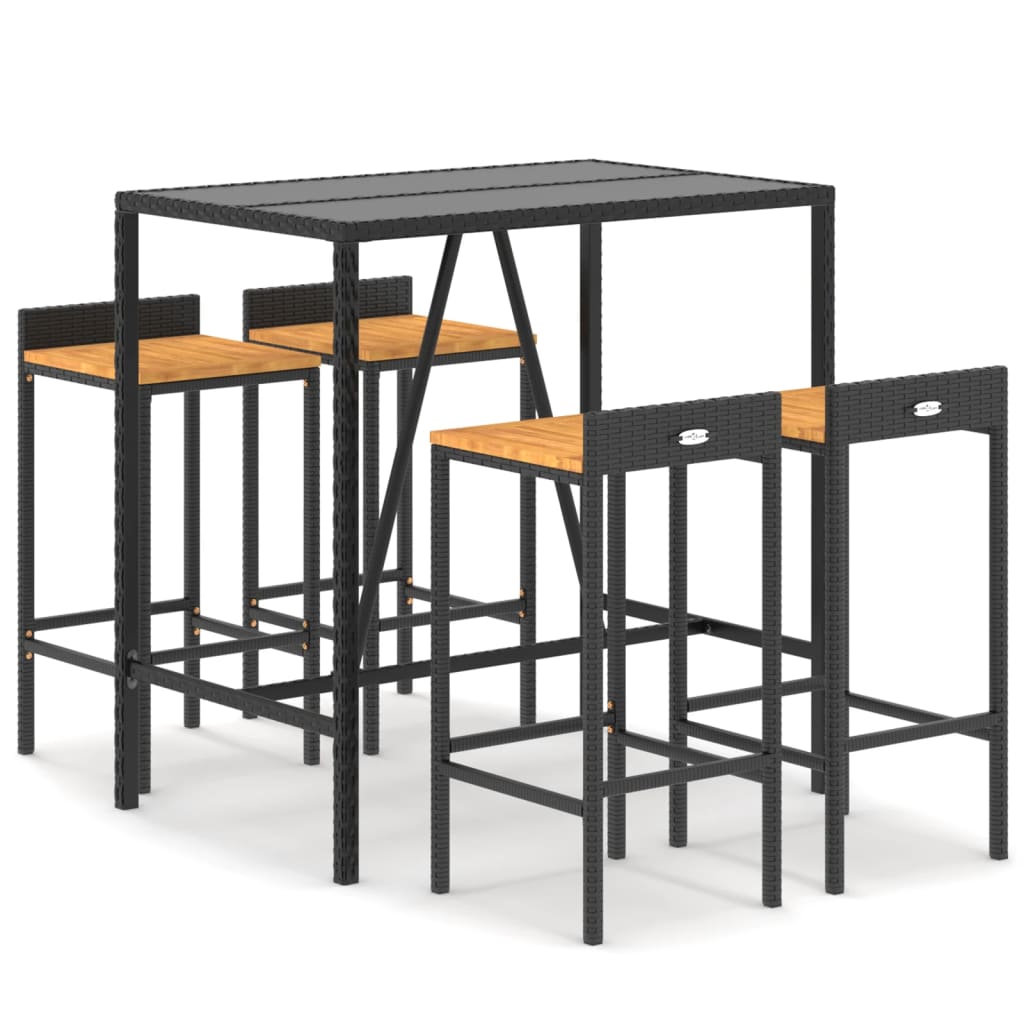 5-Tlg. Gartenbar-Set Schwarz Poly Rattan & Massivholz Akazie