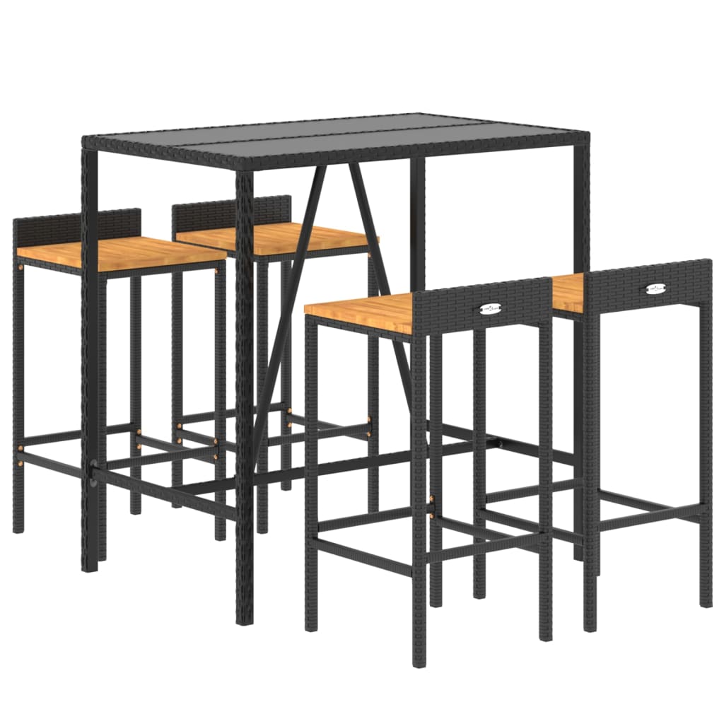 5-Tlg. Gartenbar-Set Schwarz Poly Rattan & Massivholz Akazie