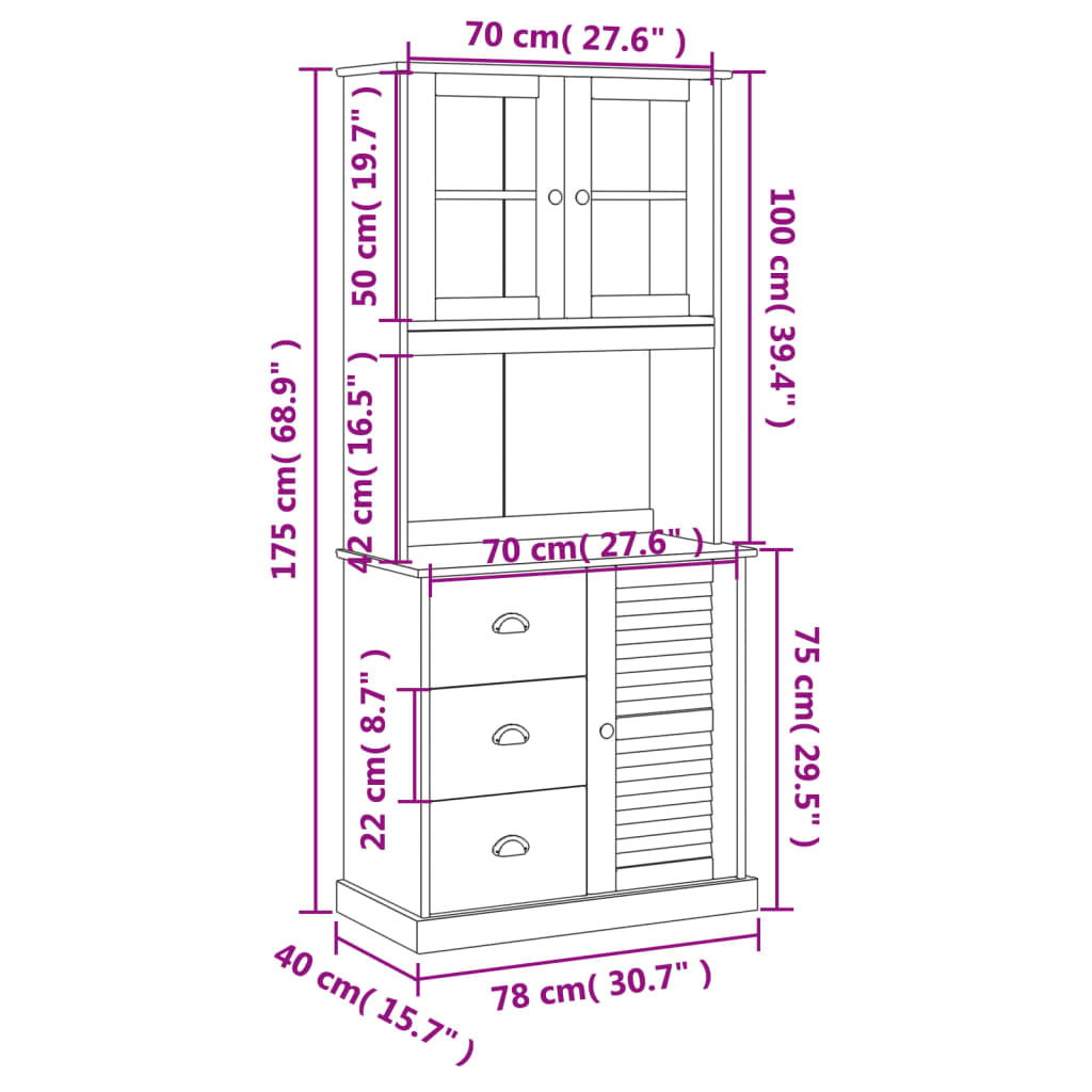 Highboard Vigo 78X40X175 Cm Massivholz Kiefer