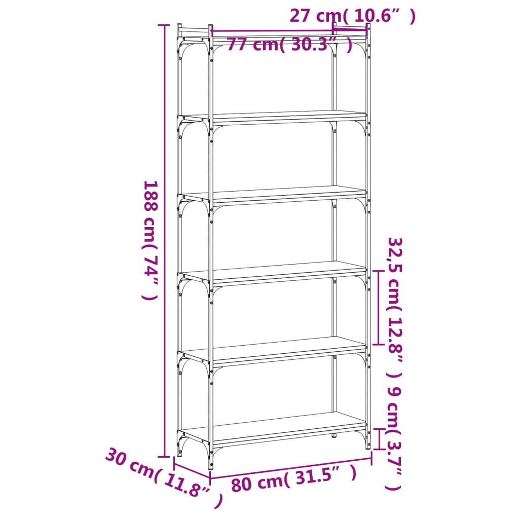 Bücherregal 6 Böden Sonoma-Eiche 80X30X188 Cm Holzwerkstoff