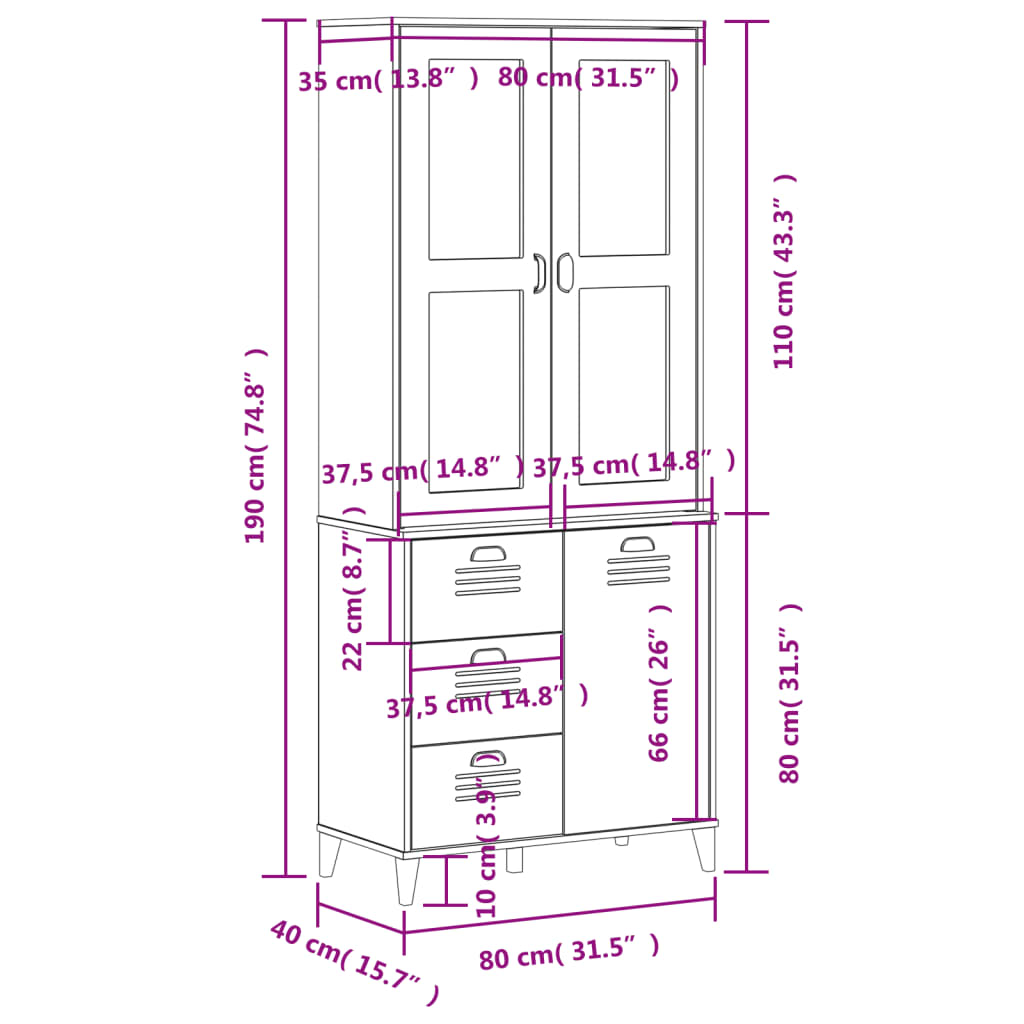 Highboard Viken Anthrazit 80X40X190 Cm Massivholz Kiefer