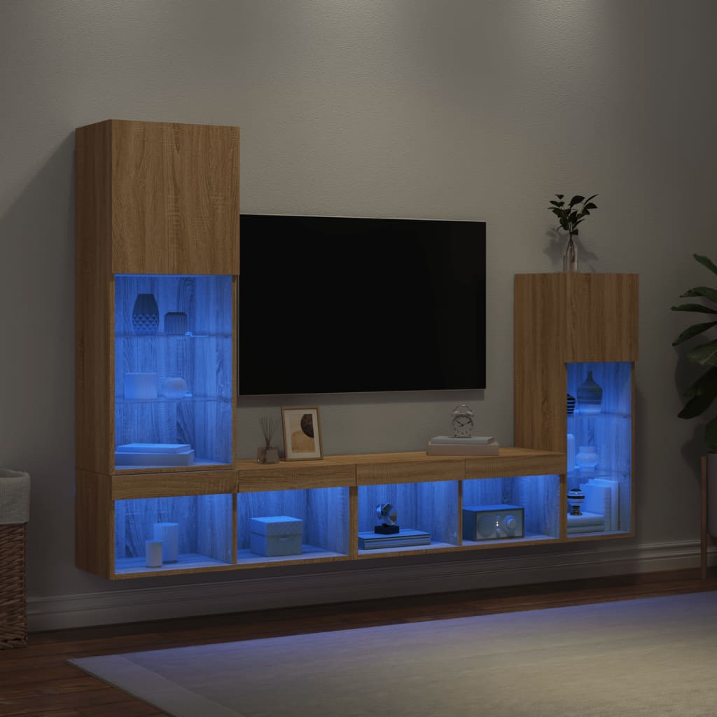 4-Tlg. Wohnwand Mit Led-Beleuchtung Holzwerkstoff
