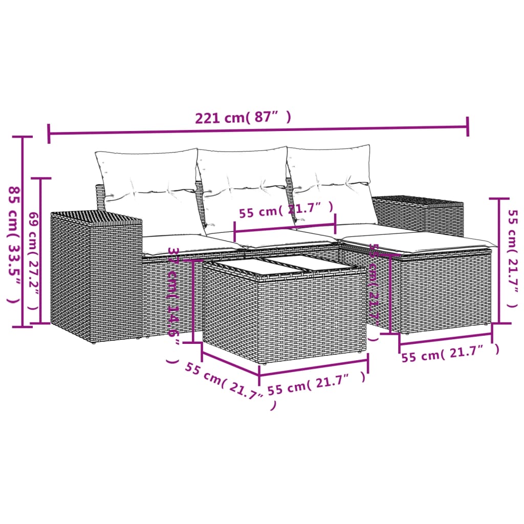5-Tlg. Garten-Sofagarnitur Mit Kissen Poly Rattan