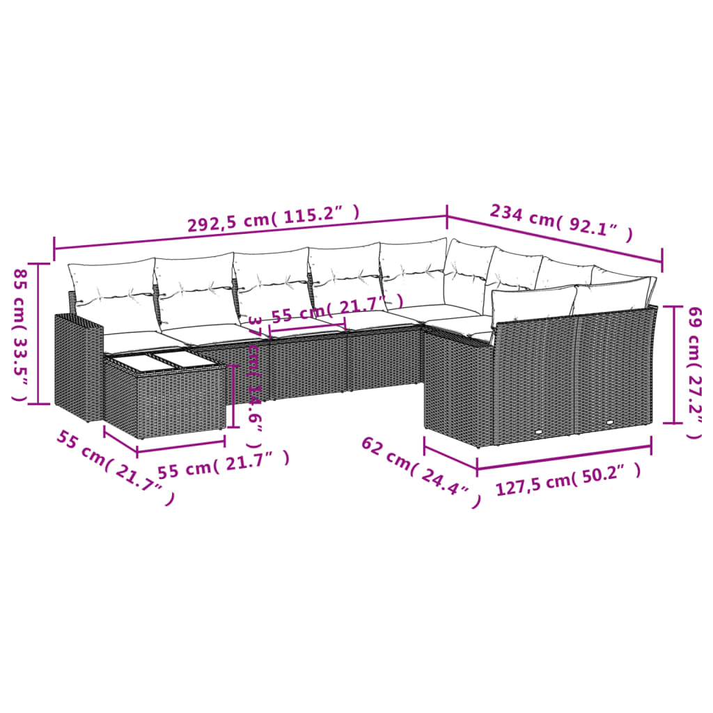 10-Tlg. Garten-Sofagarnitur Mit Kissen Schwarz Poly Rattan