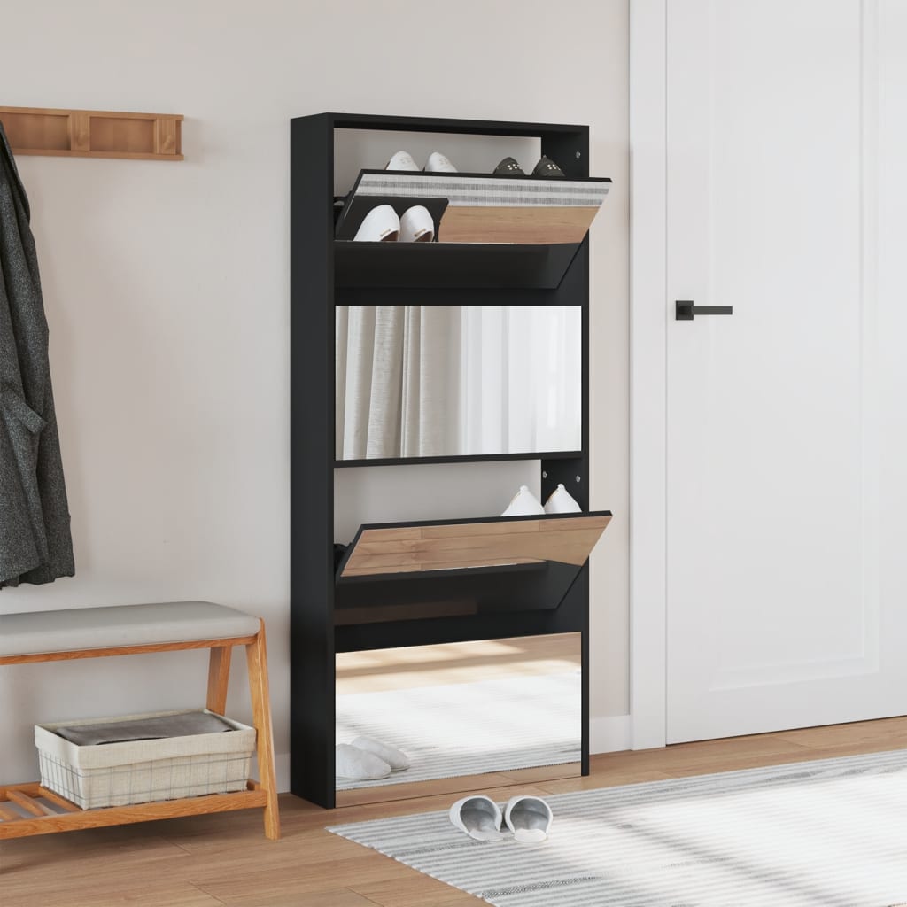 Schuhschrank Mit Spiegel 4 Fächer 63X17X134 Cm Schwarz