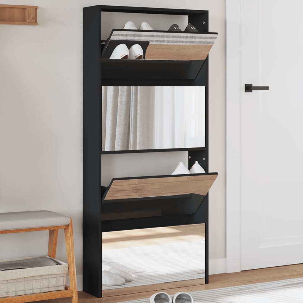 Schuhschrank Mit Spiegel 4 Fächer 63X17X134 Cm Schwarz