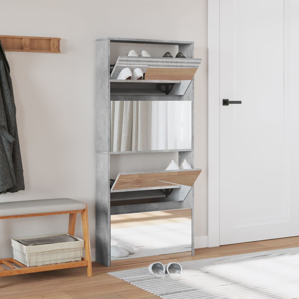 Schuhschrank Mit Spiegel 4 Fächer 63X17X134 Cm Betongrau