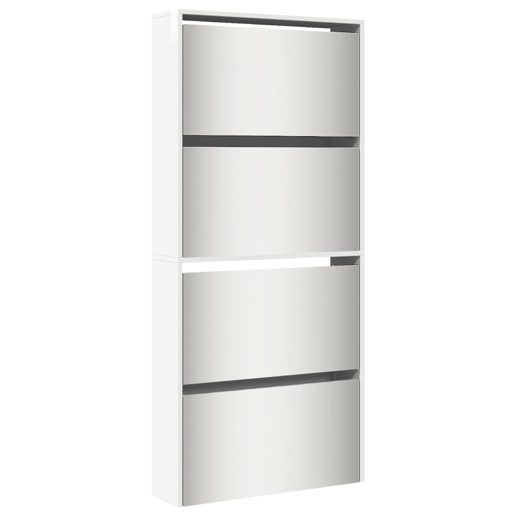 Schuhschrank Mit Spiegel 4 Fächer 63X17X134 Cm Hochglanz-Weiß