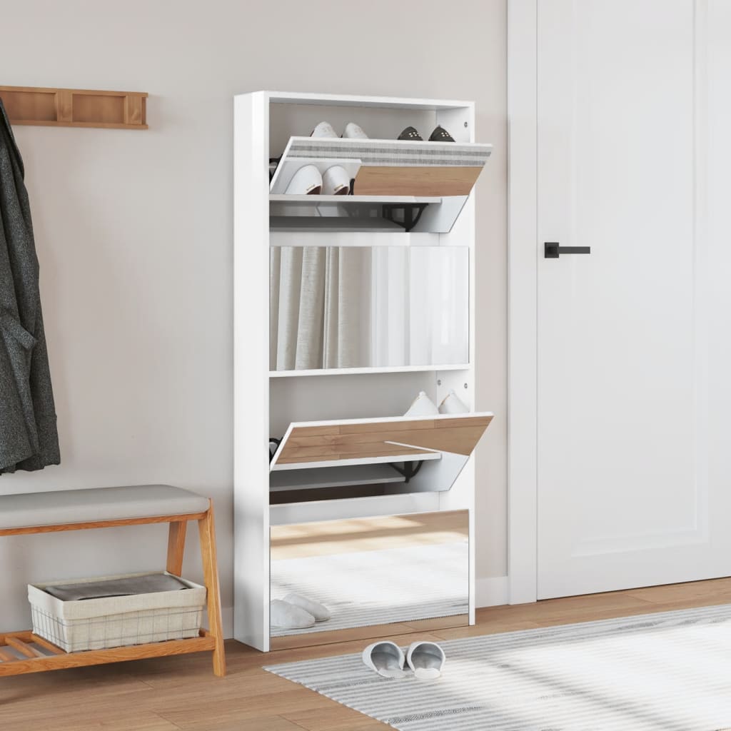 Schuhschrank Mit Spiegel 4 Fächer 63X17X134 Cm Hochglanz-Weiß