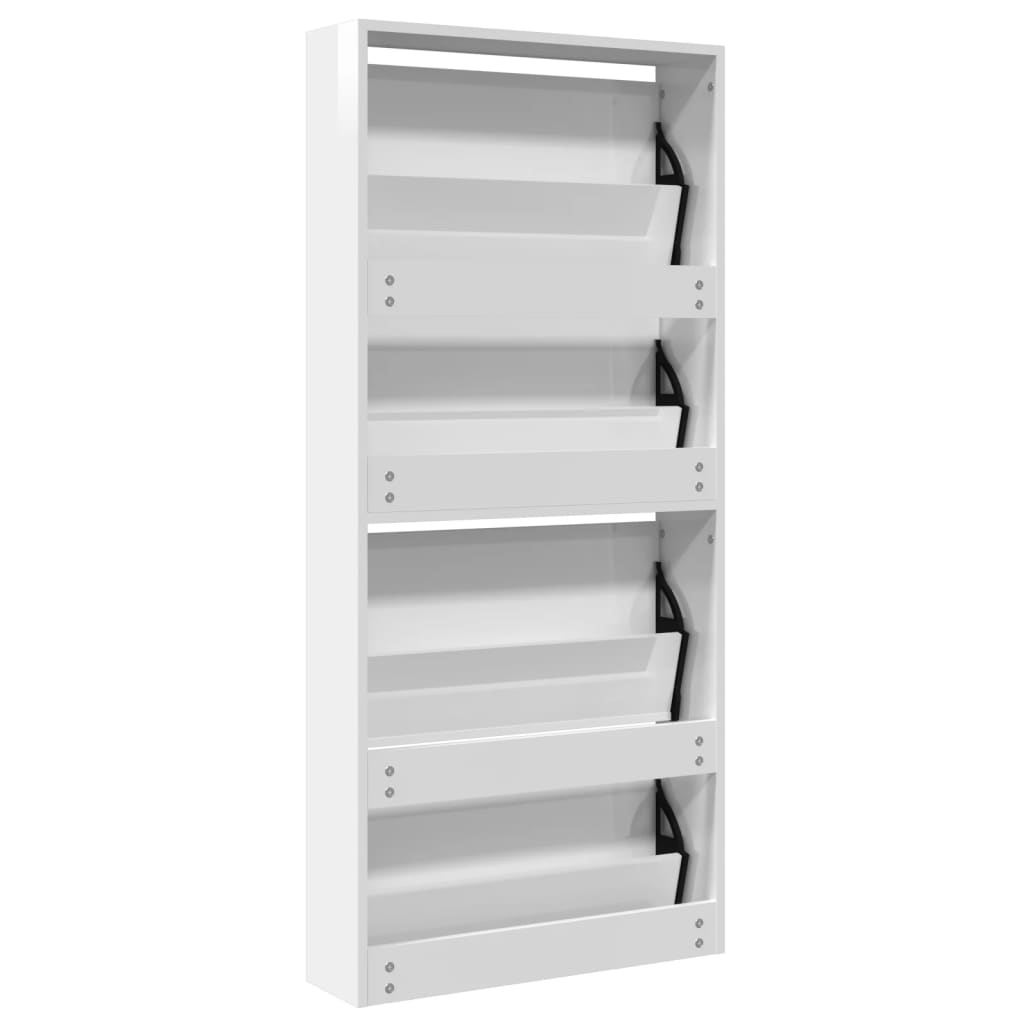 Schuhschrank Mit Spiegel 4 Fächer 63X17X134 Cm Hochglanz-Weiß