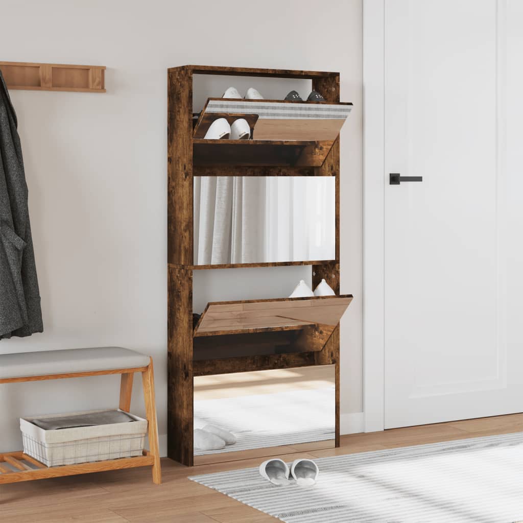 Schuhschrank Mit Spiegel 4 Fächer 63X17X134 Cm Räuchereiche