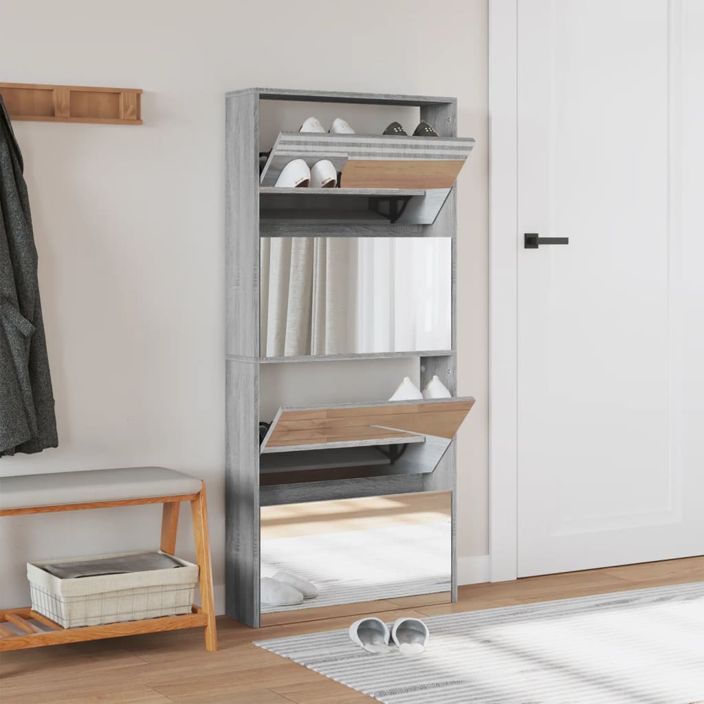 Schuhschrank Mit Spiegel 4 Fächer 63X17X134 Cm Grau Sonoma