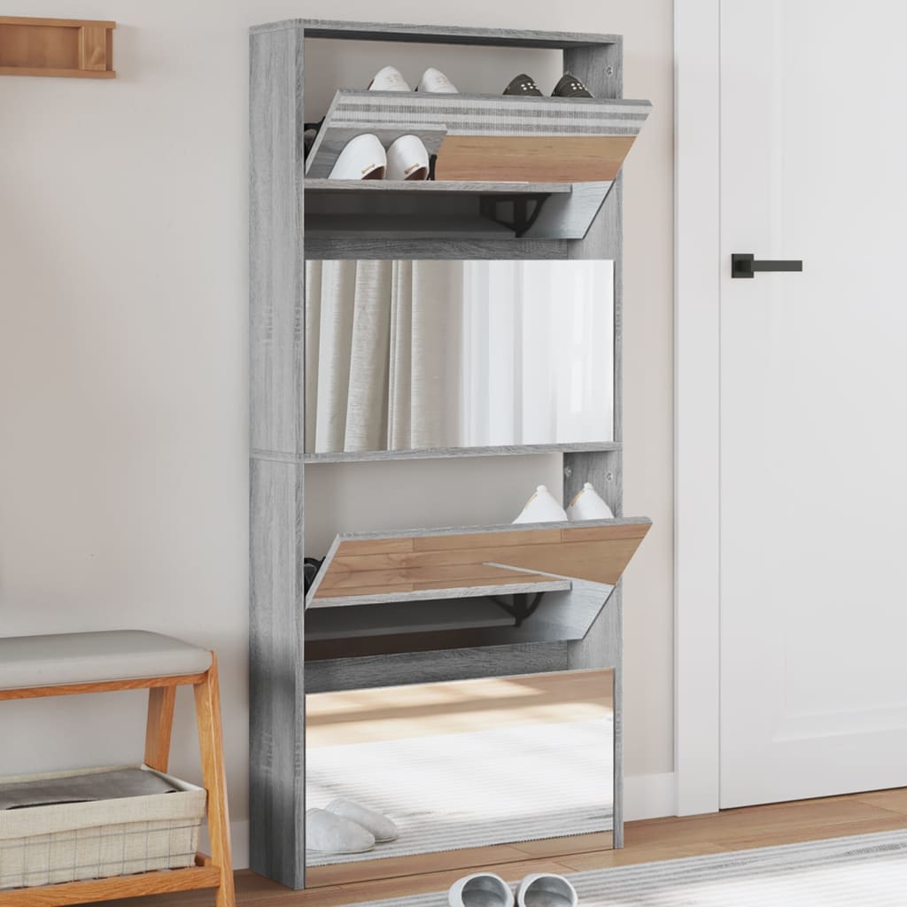 Schuhschrank Mit Spiegel 4 Fächer 63X17X134 Cm Grau Sonoma