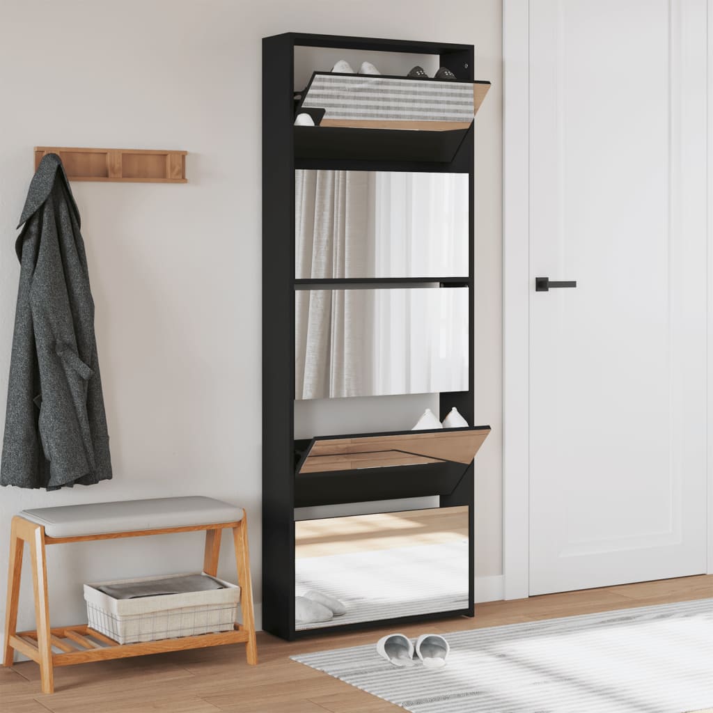 Schuhschrank Mit Spiegel 5 Fächer 63X17X169,5 Cm Schwarz